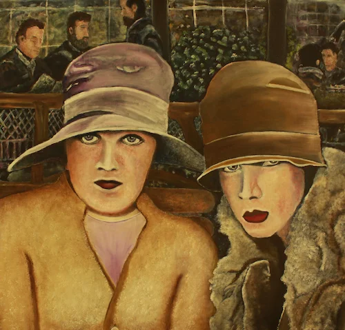 1900 - Oleo sobre tela - 45 cm x 47 cm - Alegoría que evoca los años 1900, el tiempo de cambio y desarrollo tecnológico. Describe con nostalgia los cafés en tiempos de París