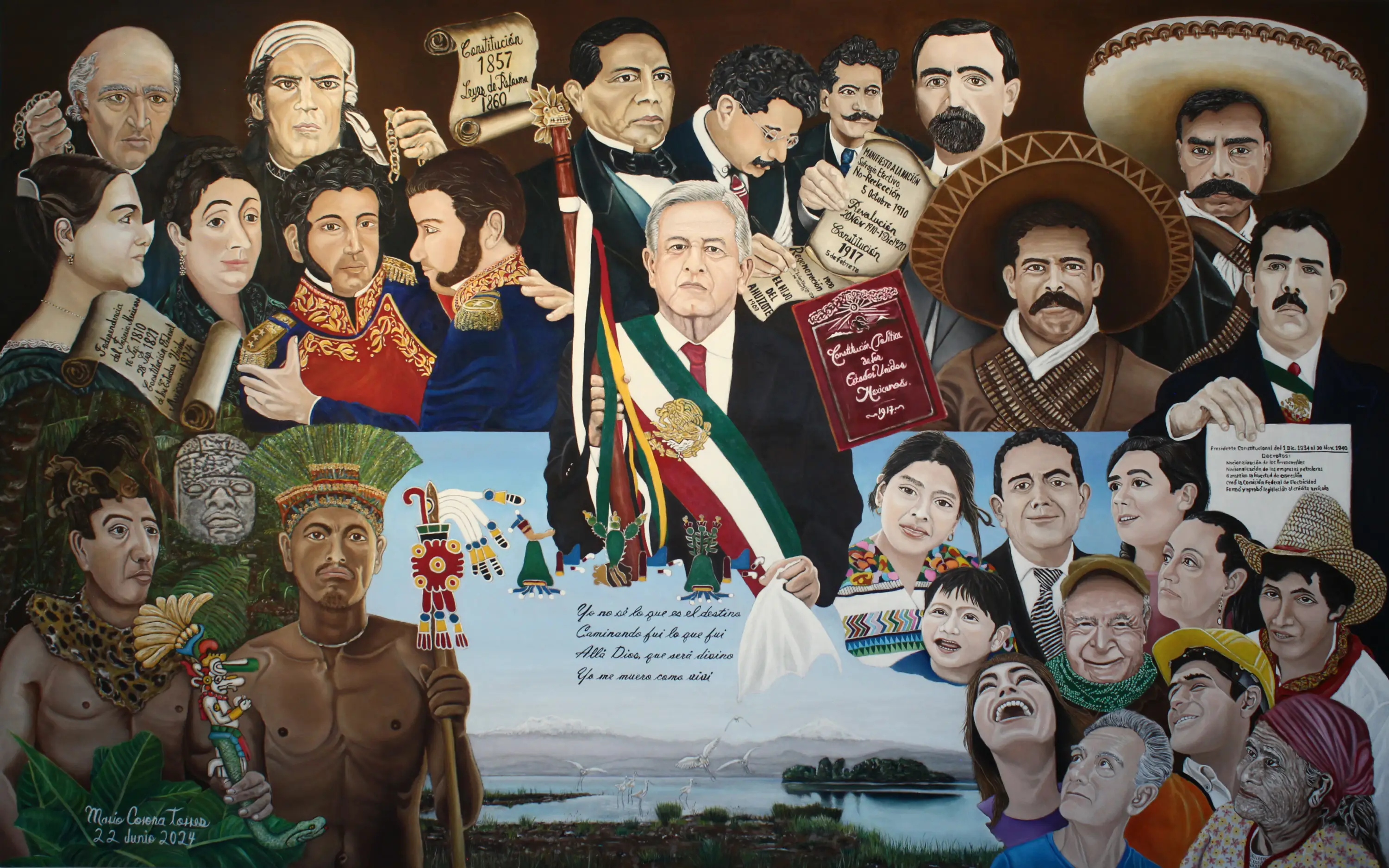 AMLO "GRACIAS" 4ta. TRANSFORMACiÓN - Oleo sobre tela - 150 cm x 240 cm - Inspirada en el Presidente de México Andrés Manuel López Obrador y detalla sus fuentes de inpiración para instituir su movimiento denominado 4ta Transformación o también Humanismo Mexicano