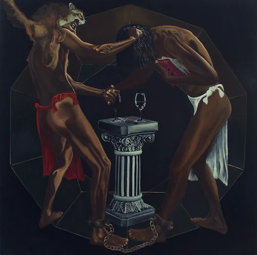 Apolíneo y Dionisíaco - Oleo sobre Madera - 122 cm x 122 cm - Alegoría a la provocación y el dominio con uso de la fuerza; pero tambien muestra la humildad y el temple basado en el conocimiento y convicción para vencer y triunfar; juntos los dos viven en nuestro ser.