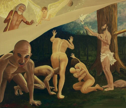 Comedor de Hombres - Oleo sobre Madera - 60 cm x 70 cm - Alegoría de la maldad humana, y como Dios Jesús suplica a su padre Dios interceda en nuestra ayuda, para liberarnos del propio hombre.