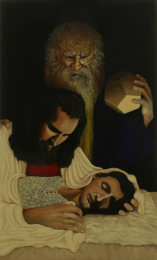 Dodecaedro - Oleo sobre tela - 114 cm x 69 cm - Alegoria a Dios Padre hacedor del universo, Dios Hijo prodigando amor al prójimo.