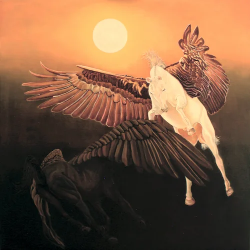 El bien y el mal - Oleo sobre tela - 122 cm x 122 cm - Alegoría que evoca el triunfo del bien sobre el mal, donde un ser con luz vence a la obscuridad, es decir la maldad.