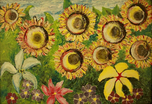 Girasoles - Acrílico sobre Madera - 68 cm x 97 cm - Representa el tiempo de vida finito de los humanos y nuestro vinculo con otros seres y el entorno