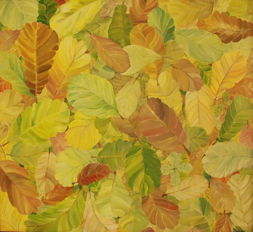 Hojas - Oleo sobre Madera - 122 cm x 122 cm - Evoca paz y armonía, pero tambien representa el paso del tiempo; manifestando lo viejo y lo nuevo vertido en el espacio temporal