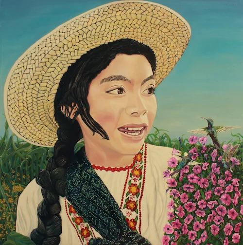 Oaxaca - Oleo sobre tela - 122 cm x 122 cm - Alegoria de nuestro México en el campo de la ciudad de Oaxaca, libertad y alegría.
