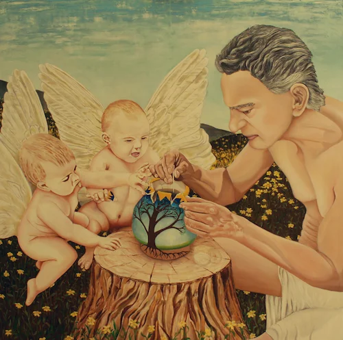 Reconstrucción - Oleo sobre tela - 122 cm x 122 cm - Alegoría que ilustra como el ser humano tras equivocarse busca reconstruir su vida y Dios envía a sus ángeles ayudarnos a lograrlo, esto a traves de la fe.